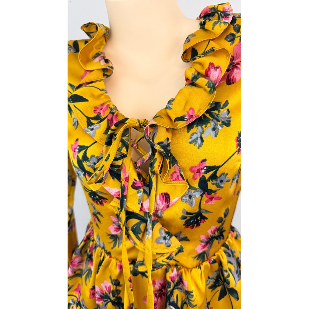 Avec Les Filles Mustard Floral Ruffle Tiered Mini Dress Cottagecore Coquette 6 - Picture 3 of 9